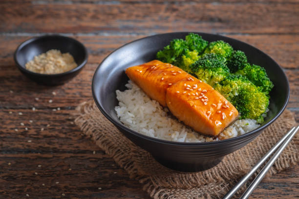 istock Salmon teriyaki with rice and vegetable in bowl 1223422956