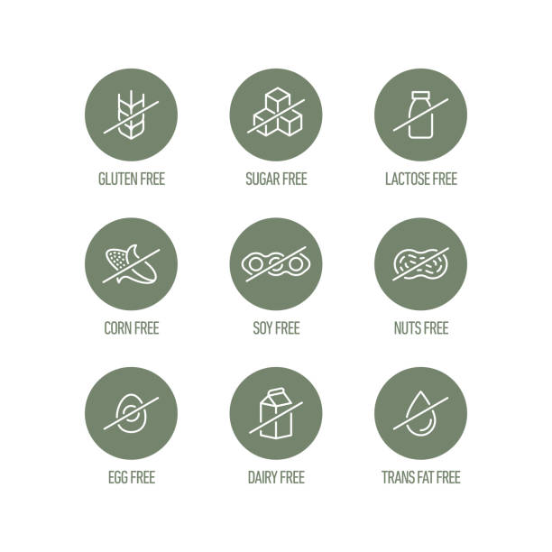 Allergen free icons set. Vector illustration. gluten free, sugar free, lactose free, corn free, soy free,
nuts free, egg free, trans fat free, diary free lactose fermentation stock illustrations