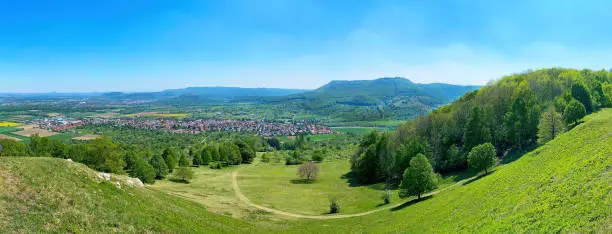 View from mountain Hörnle on town Bissingen an der Teck, swabian alps ( schwäbische Alb ), Germany