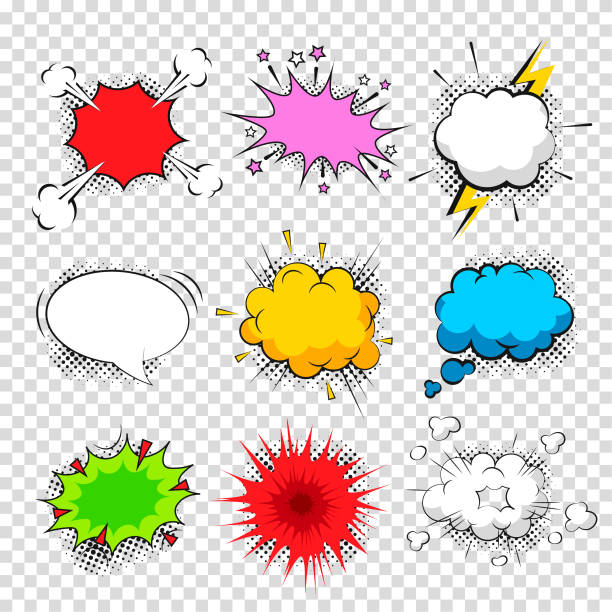 ilustraciones, imágenes clip art, dibujos animados e iconos de stock de conjunto vectorial de burbujas de voz cómicas en blanco o vacías para diferentes frases. - bang