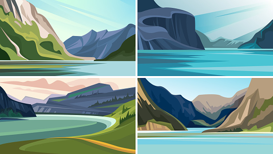 Set of beautiful fjord landscapes. Nature sceneries with mountains and water.