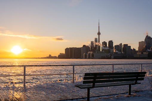 Toronto City Skyline at sunset on a freezing day