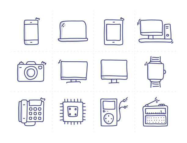 prosty zestaw technologii związanych doodle vector line ikony - mobile phone technology doodle electrical equipment stock illustrations