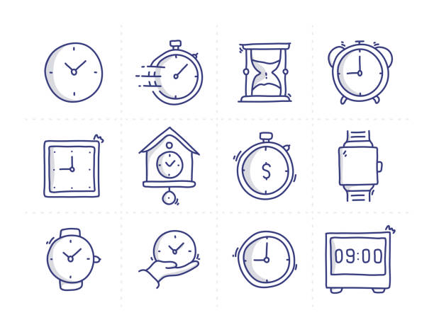 illustrazioni stock, clip art, cartoni animati e icone di tendenza di semplice set di icone di linea vettoriale doodle correlate alla gestione del tempo - watch glass