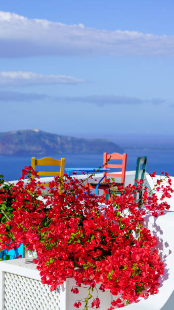 istock Empty Sun Lounge Chair on balcony In Santorini at Sunrise 1223437192