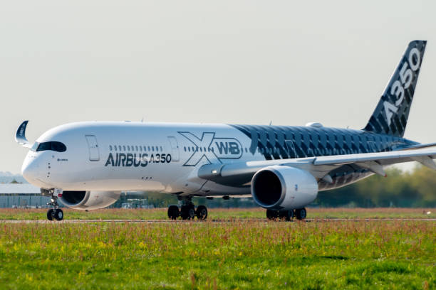 Airplane at international airport August 30, 2019. Zhukovsky, Russia. long-range wide-body twin-engine passenger aircraft Airbus A350-900 XWB Airbus Industrie at the International Aviation and Space Salon MAKS 2019. moscow international air show stock pictures, royalty-free photos & images