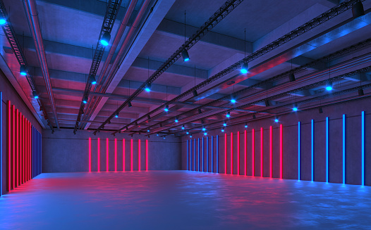 Large empty hall resembling a modern art gallery, and underground garage or an empty music club, illuminated by an array of vertical neon lights, with blue and magenta colors. Concrete structure with spotlights equipment. No people, copy space. Digitally generated image.