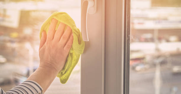 istock female hand with spray cleaning white plastic window 1223444638
