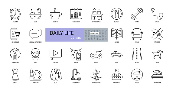 Vector daily life icons. Editable Stroke. Daily routine, home, work, children, entertainment, sports, food and cooking, car, road, pets, shopping, clothes, cleaning, gardening, reading.