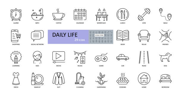 Vector daily life icons. Editable Stroke. Daily routine, home, work, children, entertainment, sports, food and cooking, car, road, pets, shopping, clothes, cleaning, gardening, reading Vector daily life icons. Editable Stroke. Daily routine, home, work, children, entertainment, sports, food and cooking, car, road, pets, shopping, clothes, cleaning, gardening, reading. lifestyle icons stock illustrations