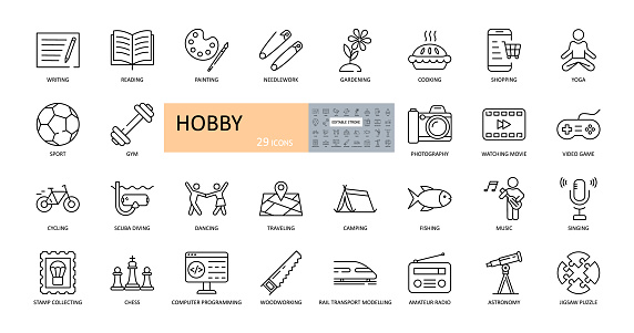 Vector hobby icons. Editable Stroke. Hobbies for children and adults at home and outdoors. Sports, diving, dancing, reading, drawing, music and singing, collecting, chess, astronomy, photo and video.
