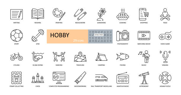Vector hobby icons. Editable Stroke. Hobbies for children and adults at home and outdoors. Sports, diving, dancing, reading, drawing, music and singing, collecting, chess, astronomy, photo and video Vector hobby icons. Editable Stroke. Hobbies for children and adults at home and outdoors. Sports, diving, dancing, reading, drawing, music and singing, collecting, chess, astronomy, photo and video. recreation stock illustrations