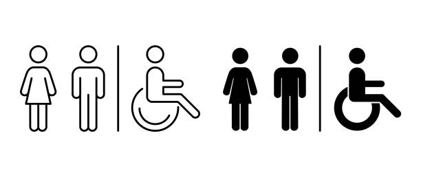 ikon toilet vektor. pria, wanita, cacat. gambar garis dan siluet hitam. kamar kecil, kamar mandi di area publik, navigasi - toilet umum ilustrasi ilustrasi stok