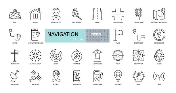 Vector navigation icons. Editable Stroke. Images of land, air, sea navigation. Road, route, map, stop sign, satellite, globe, radar, GPS, compass, application Vector navigation icons. Editable Stroke. Images of land, air, sea navigation. Road, route, map, stop sign, satellite globe radar GPS compass application drawing compass stock illustrations