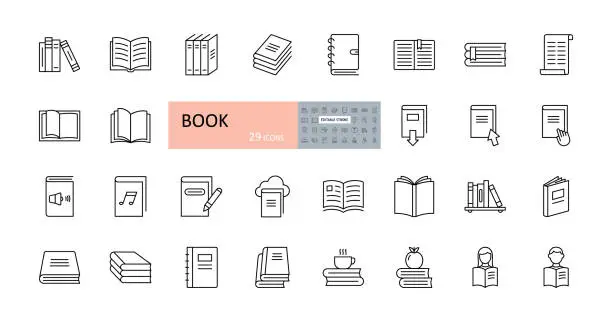 Vector illustration of Vector book icons. Editable Stroke. Reading, library, stack of books, open, bookcase shelf. Readers, magazine, audio, coffee apple.