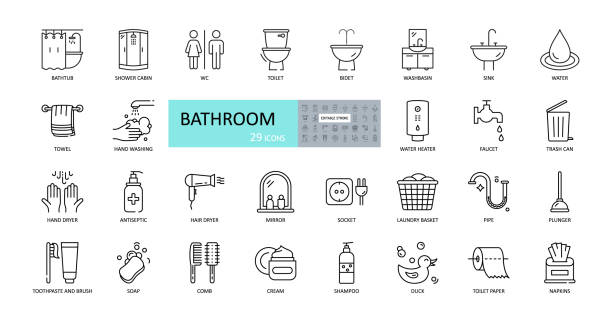 벡터 욕실 아이콘입니다. 편집 가능한 스트로크입니다. 샤워, 목욕, 화장실, 비데, 거울, 수도꼭지. 세탁 및 쓰레기 바구니. 화장품 샴푸 빗 크림. 화장지 냅킨 - bathtub stock illustrations