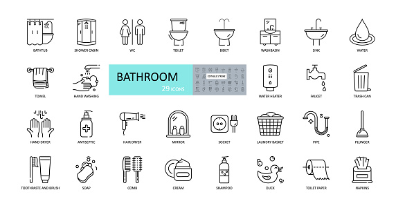 Vector bathroom icons. Editable Stroke. Shower, bath, toilet, bidet, mirror, water tap. Laundry and garbage basket. Cosmetics shampoo comb cream. Toilet paper napkins.