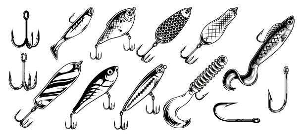 Vintage fishing lures monochrome set Vintage fishing lures monochrome set with hooks spoons plastic artificial baits and twisters isolated vector illustration fishing hook stock illustrations