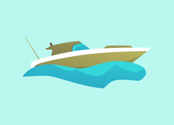 zielona odizolowana motorówka jeżdżąca niebieską falą wodną, nowoczesna łódź motorowa - pilothouse stock illustrations