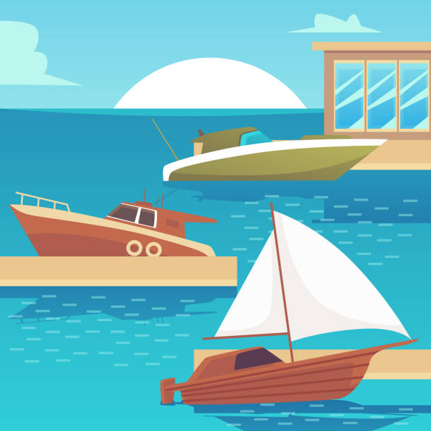 holzmotorboot und yachtboote im seedock auf sonnenuntergang landschaft - moored boats stock-grafiken, -clipart, -cartoons und -symbole