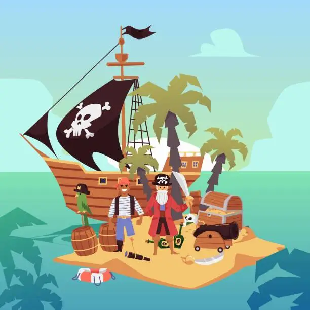 Vector illustration of Pirate ship on treasure island - cartoon pirates with gold and weapons