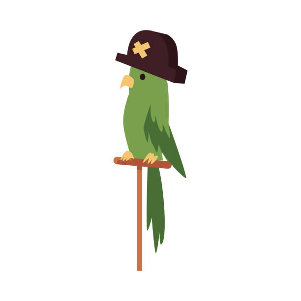 зеленый мультфильм попугай птица с пиратской шляпе сидит на деревянном окуня - parrot multi colored bird perching stock illustrations