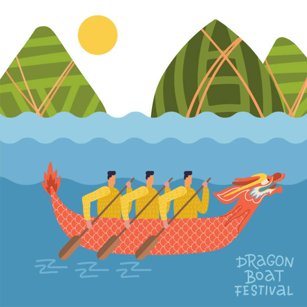 illustrations, cliparts, dessins animés et icônes de dragon boat festival - duanwu ou zhongxiao. paysage de fleuve avec le bateau chinois de dragon avec des hommes et des montagnes dans la forme de boulettes. illustration de vecteur plat - dragon boat racing nautical vessel dragon red