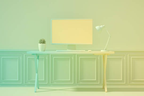 istock 3D Home Office Concept, Abstract Workplace with Blank Screen Monitor in modern interior 1223448928