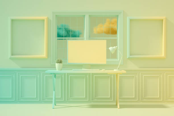istock 3D Home Office Concept, Abstract Workplace with Blank Screen Monitor in modern interior 1223448989
