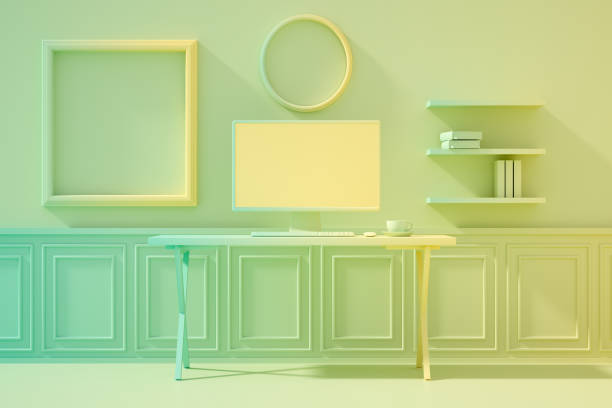 istock 3D Home Office Concept, Abstract Workplace with Blank Screen Monitor in modern interior 1223449647