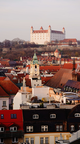 TALLINN, ESTONIA - DECEMBER 26, 2018: Bright colourful aerial view of old town of Tallinn, Estonia at sunny day. Beautiful roof tops.