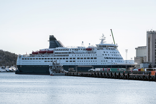 Large cruise ship anchored at harbor