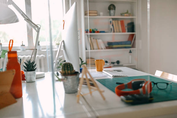 istock Glass partition on office desk 1223454946