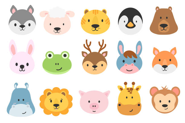Set animal heads. Set of cute animal heads. Cartoon zoo. Collection of cute animal characters in cartoon style. Giraffe, rabbit, bear, monkey, hippo, sheep, pig, lion, penguin, tiger, donkey, frog, fox, deer. Vector. toad illustrations stock illustrations