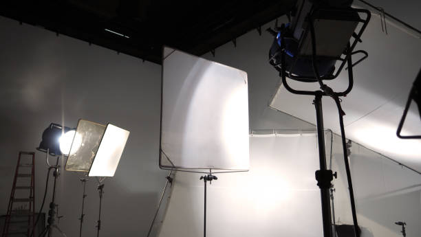 istock Studio light and back drop and soft box set up for shooting photo or video production which includes flashlight and continue lighting on tripod and paper background and used for photographer or videographer 1223456748