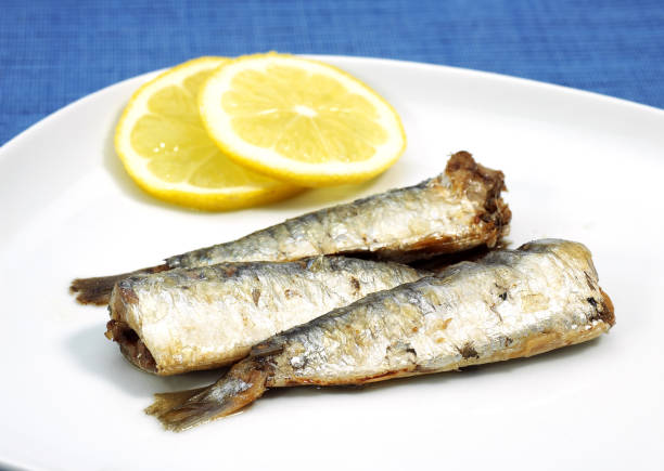 istock PLATE WITH GRILLED SARDINES AND YELLOW LEMON 1223456881