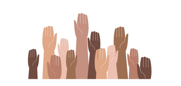 Hands of different skin colors raised up Hands of different skin colors raised up. Vector illustration arms raised illustrations stock illustrations