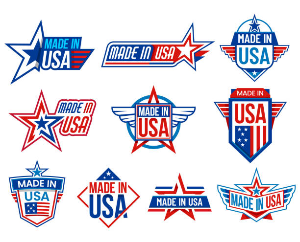 Made in USA labels, quality warranty certificate Made in USA label signs with flag stars, vector product quality and warranty certificate tags. Made in USA labels, quality guarantee certified and US American production manufacture award ribbons logo mail stock illustrations
