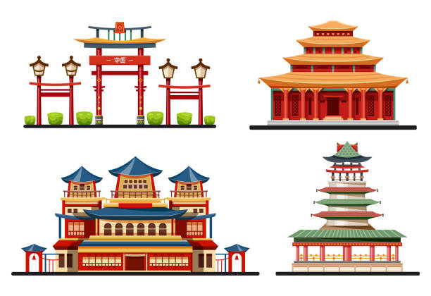 Set of chinese buildings or Asian architecture Chinese buildings, temples and pagodas, vector icons set. Traditional Chinese style roofs of Beijing city palace, entrance gates, ancient halls and Buddhist bell towers, Asian architecture design temple building stock illustrations