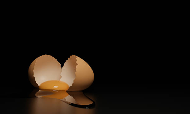 Egg yolk in a cracked  egg shell on wooden table  isolated black background. 3D Rendering.