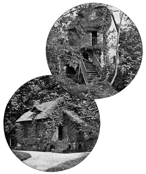 The Mill and Boudoir at Hameau de la Reine in Versailles, France - 19th Century The Mill (top) and Boudoir (bottom) at Hameau de la Reine in Versailles, France. Vintage half-tone etching circa mid 19th century. palace of versailles stock illustrations