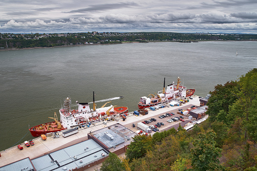 Quebec city, Canada september 23, 2018: CCGS des Groseilliers Docked in the Port of Quebec. Terrasse Dufferin in Quebec City's old town. Travel in Canada