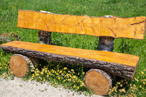 Classic style outdoor benches with wooden seats and iron frames placed in public parks for visitors who want to sit and rest.