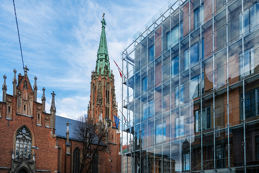 Latvia Riga, Gertrudes church, old town center with a blue sky