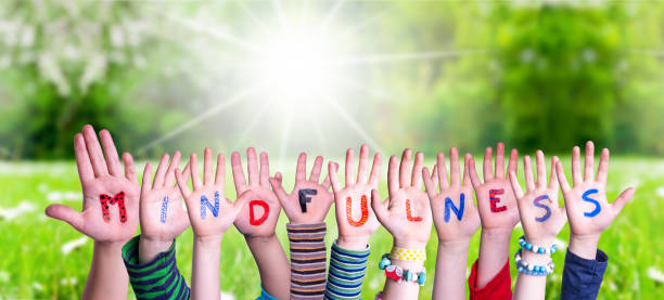 Children Hands Building Word Mindfulness, Grass Meadow Children Hands Building Colorful English Word Mindfulness. Sunny Green Grass Meadow As Background mindfulness kids stock pictures, royalty-free photos & images