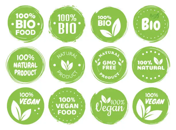 Vector illustration of Vegan food logo labels and tags. Vegetarian eco, natural product green concept. Vector hand drawn illustration.