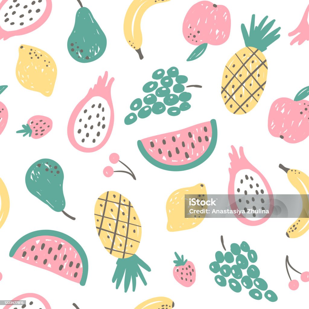 Cute Hand Drawn Fruit Pattern Tropical Food Texture In Childish Style For  Printing Fabrics Wallpaper Menu And Covers Banana Pineapple Pear Apple  Grape Lemon Cherry Sttrawberry Dragon Fruit Stock Illustration - Download
