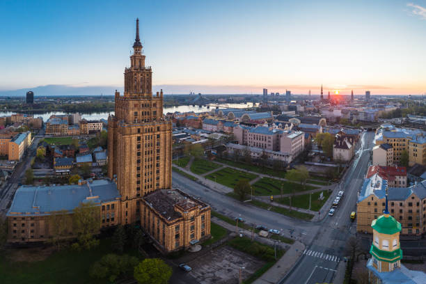 istock Sunset above Latgales suburb in Riga, Latvia 1223477843