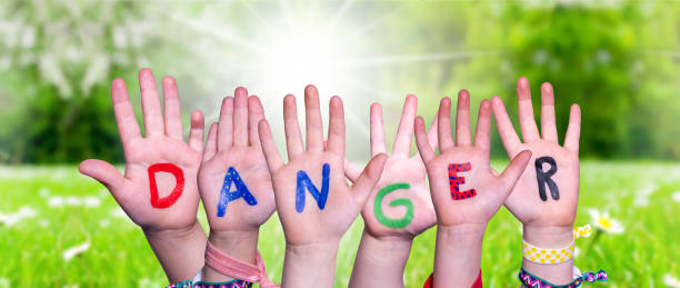 istock Children Hands Building Word Danger, Grass Meadow 1223479409