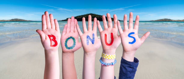 Children Hands Building Word Bonus, Ocean Background